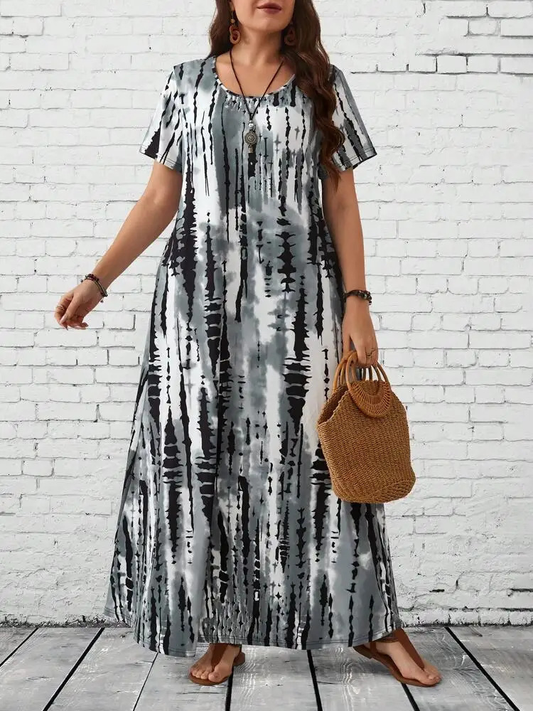 Summer womens casual round neck tie dye printed long skirt plus size dress 250420