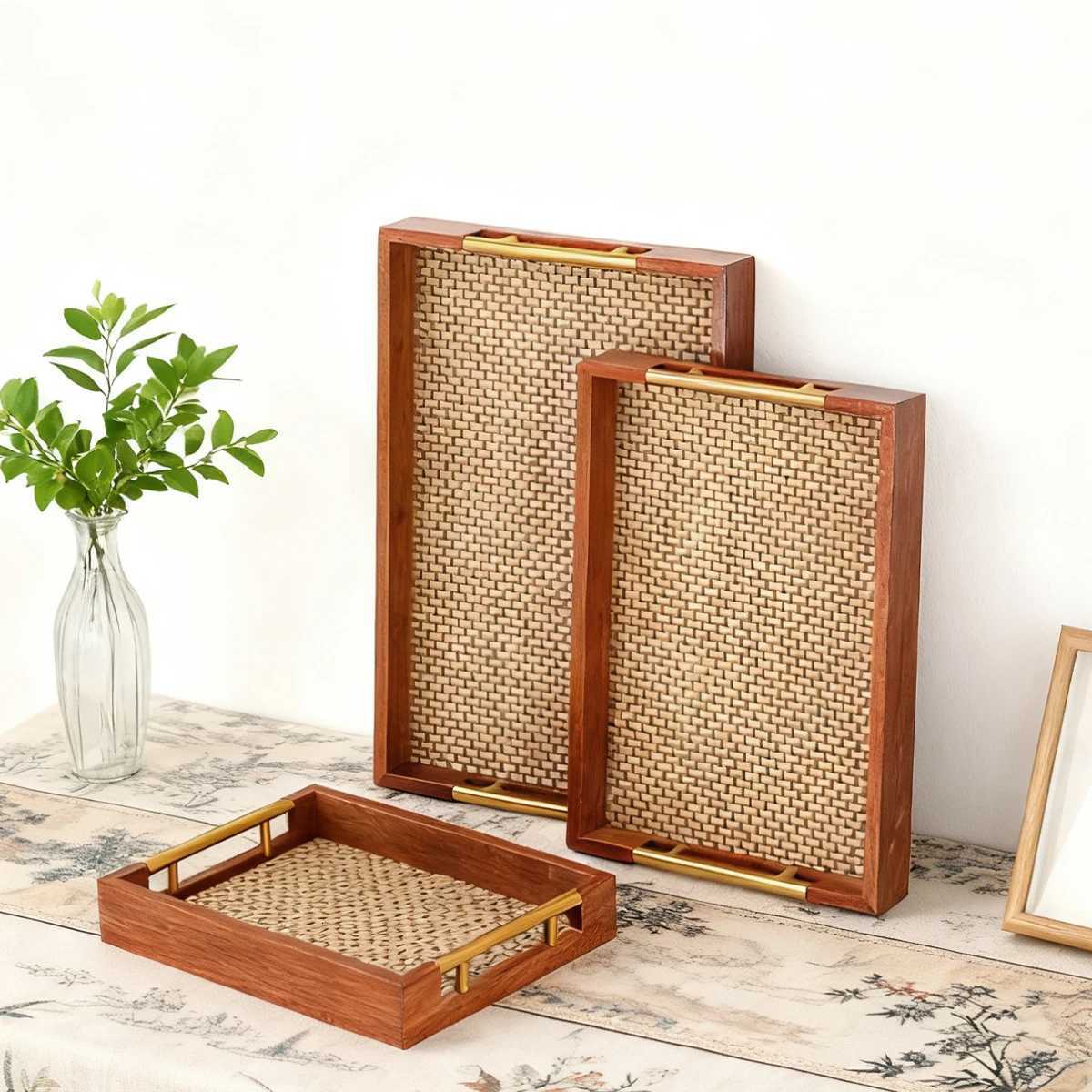Solid Wood Rectangle Serving Tray with Metal Handles - Coffee Table Kitchen Decor 177x118 BrownPlastic rattan base Y251129
