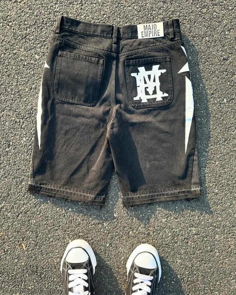 American fashion trend street mens wide leg jeans Y2K embroidered bag jeans Gothic punk street casual shorts 250423