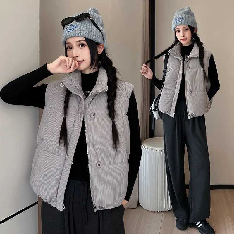 Autumn Winter Sleeveless Puffer Vest Jacket Women Stand Collar Down Cotton Vest Coat Corduroy Puffer Waistcoat OutwearT251129