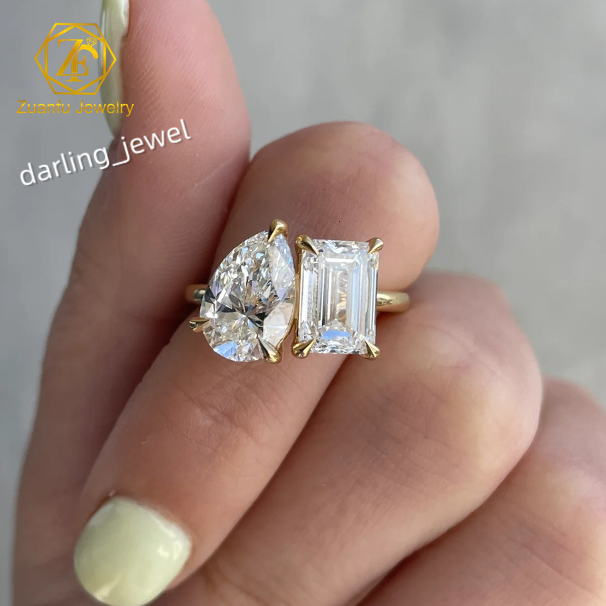 14k Gold Jewelry Eternity Promise Two Stones Rings 2ct 3ct Pear and Emerald Cut Loose Diamond Ring Moissanite Engagement Ring