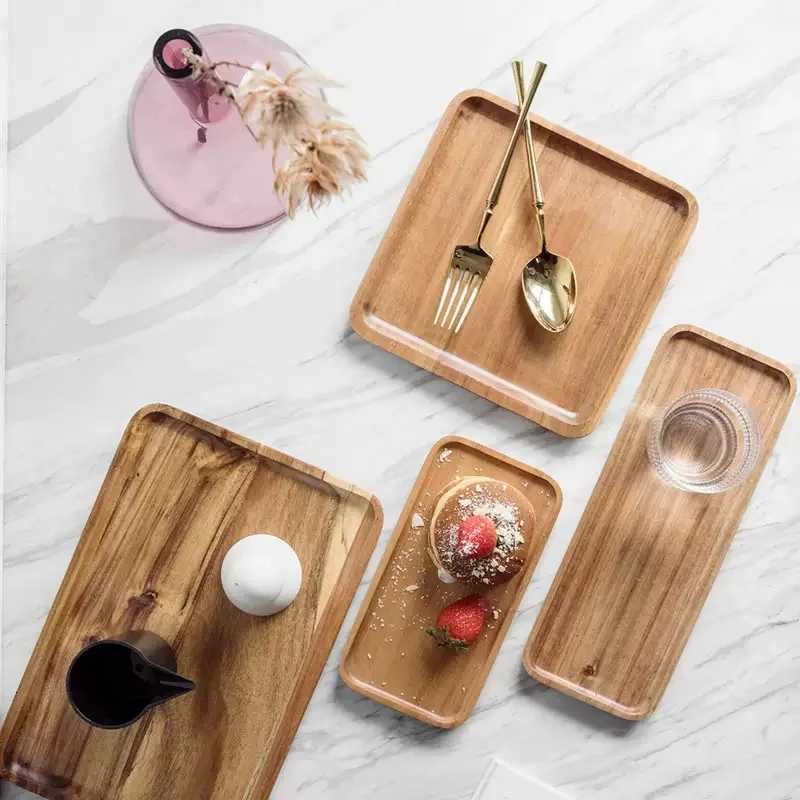 Natural Wooden Tray Coffee Tray Rectangular Plate Fruit Snacks Food Storage Trays Hotel Home Serving Tea Tray Decorate Supplies Y251129