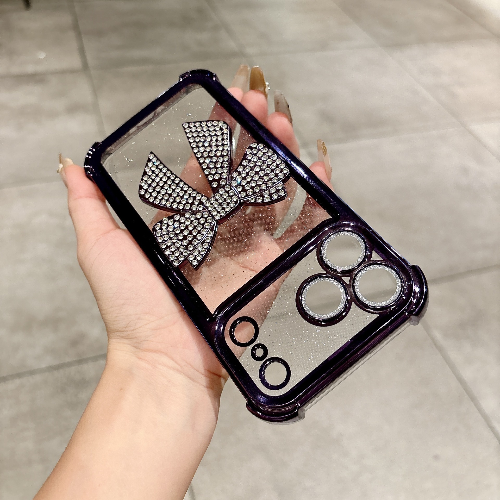 Rhinestone Bowknot Phone Case Compatible iPhone 17 Pro Max Electroplated Glitter Four-Corner Apple 16/15