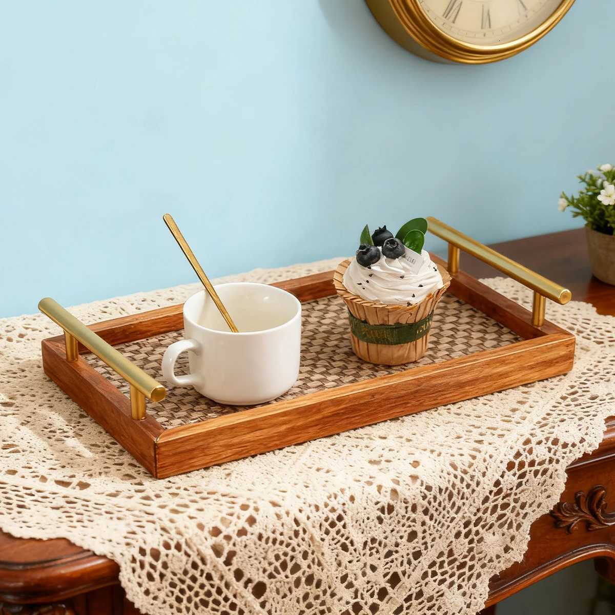 Solid Wood Bohemian Rustic Gold Handle Tray 173 Serving Decor for Coffee Table Bedroom Kitchen Jewelry Display Woven Bottom Y251129