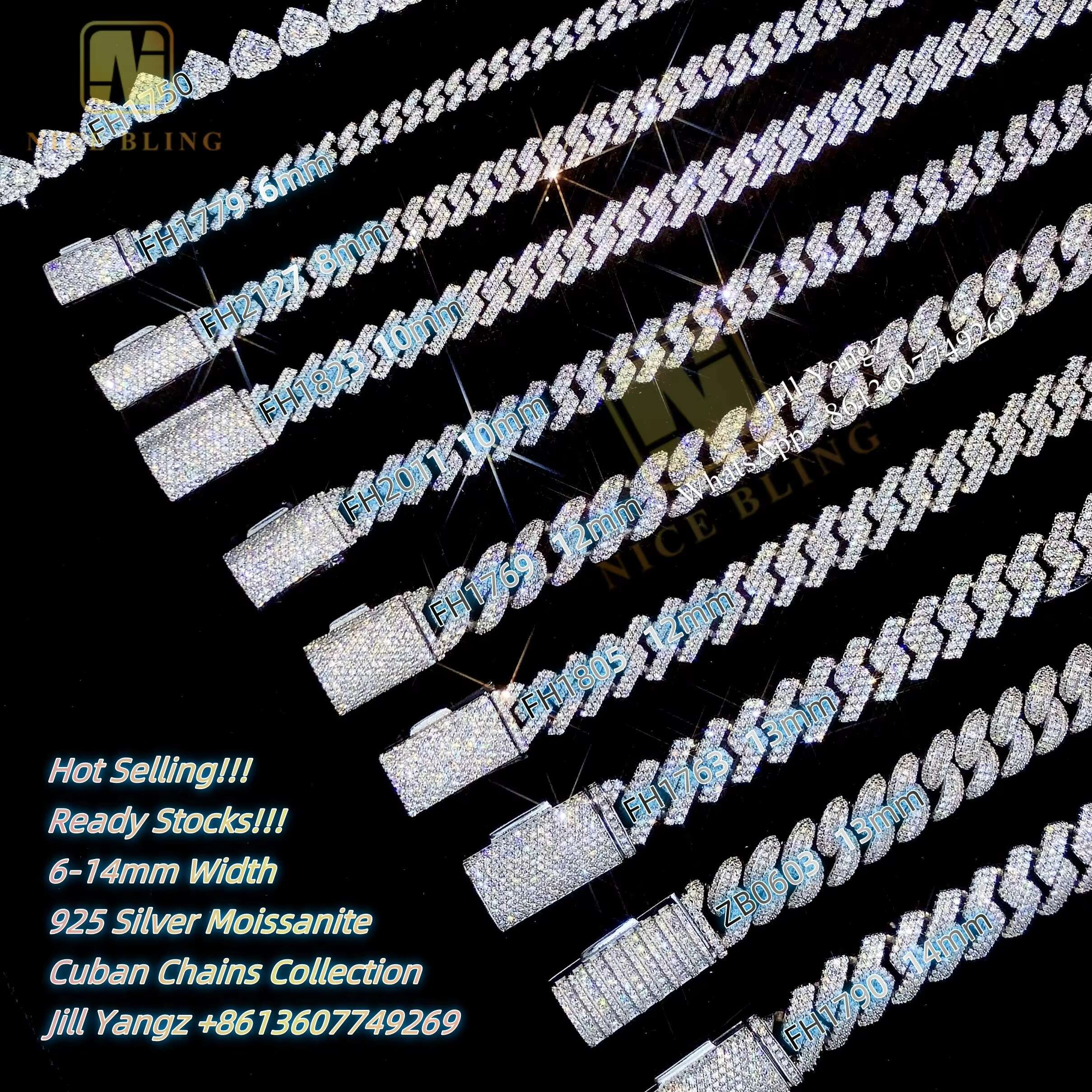 Nice Bling Jewelry Affordable Moissanite Cuban Bracelet Ready Stock 6mm to 14mm Hip Hop Rock Moissanite Cuban Chain 925 Silver