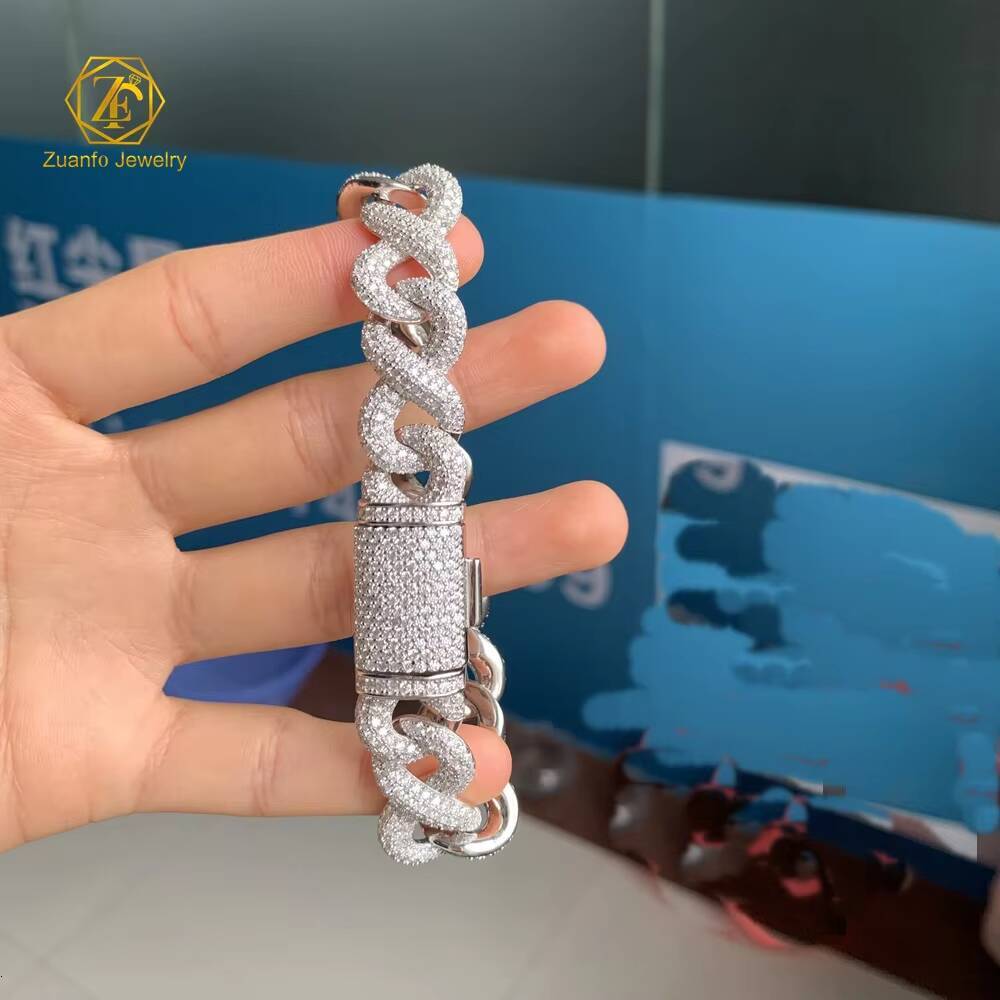 Hiphop Style 925 Silver Gold Plated 15MM Moissanite Infinity Chain Cuban Chain Necklace Bracelet Fine Chain Link Bracelets for