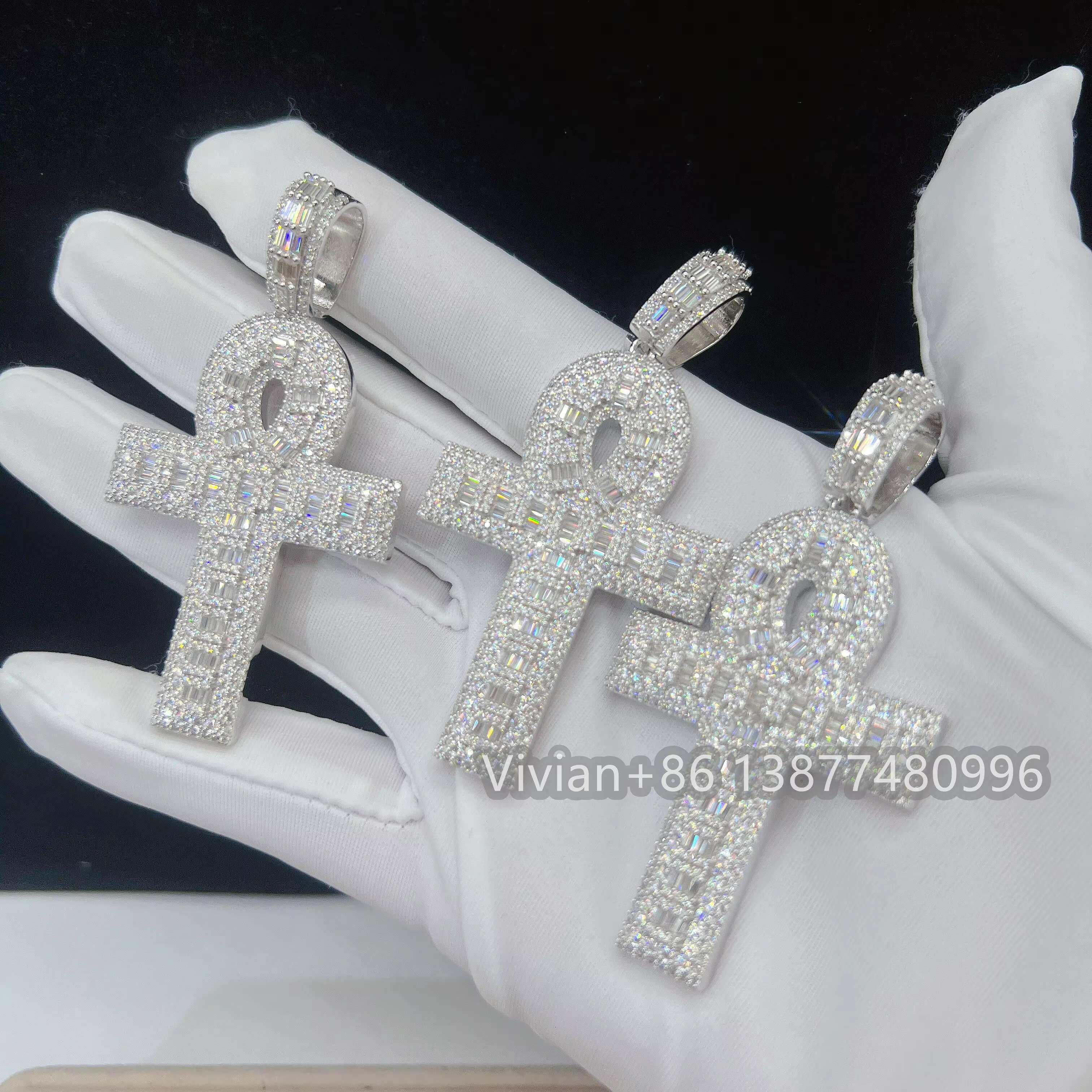 Fine Jewelry Silver 925 Iced Out Hip Hop Rapper Jewelry Men Moissanite Diamond Ankh Cross Pendant