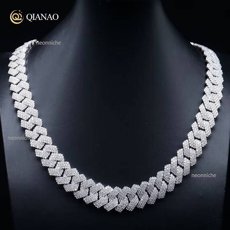 QIANAO Hip Hop jewelry 15mm Solid Sterling Sier VVS1 3 rows Moissanite Dia Heavy Iced Out Cuban Link Chain Necklace