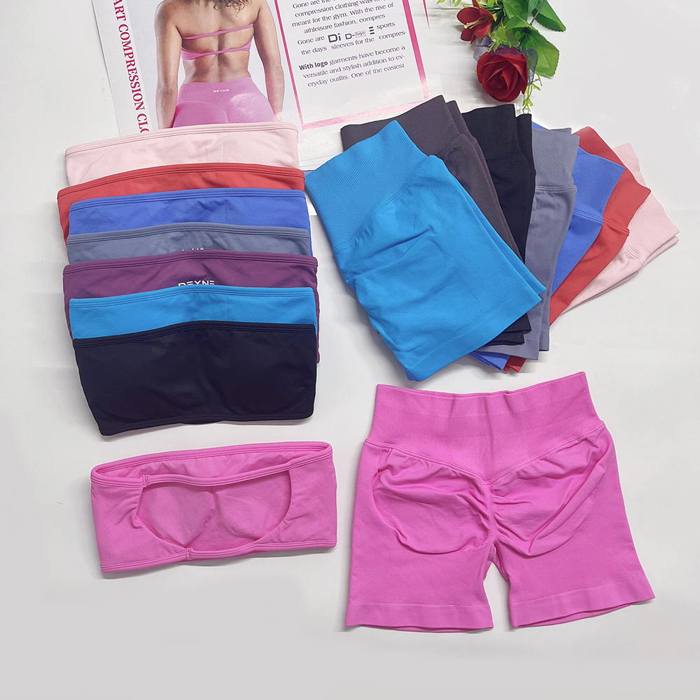 Dyfne DF Yoga Gym outfits impact two Pieces Dfyn Women Backless Strapless Bandeau bra top matching 4.5 inch Scrunch shorts Fitness Clothes Workout Outfits sets