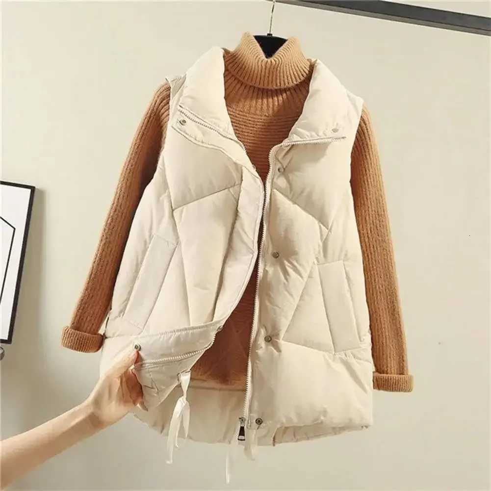 Womens Winter Waistcoat Lapel Collar Zippered Vest Jacket with Pockets Cotton Padded Warm Sleeveless Coat for Outdoor VestT251129