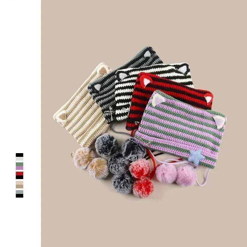 Handmade Y2k Japanese Cat Ear Beanies Rabbit Hair Pom-pom Striped Sweetheart Girl Knit Cap Autumn and Winter Warm Womens HatsXJ251129