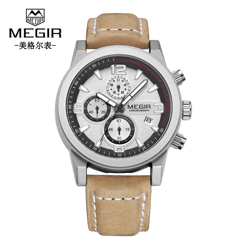MEGIR Designer Business True Three-eye Chronograph Calendar Luminous Waterproof Sports Men's Leather Strap Watch Men's Luxury Wristwatch Fre