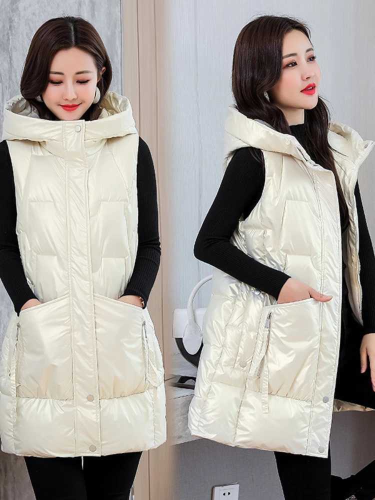 Winter New Mid-length Bright Vests Women Hooded Thick Warm Cotton Padded Sleeveless Waistcoat Coat Female Jackets Parkas VestT251129