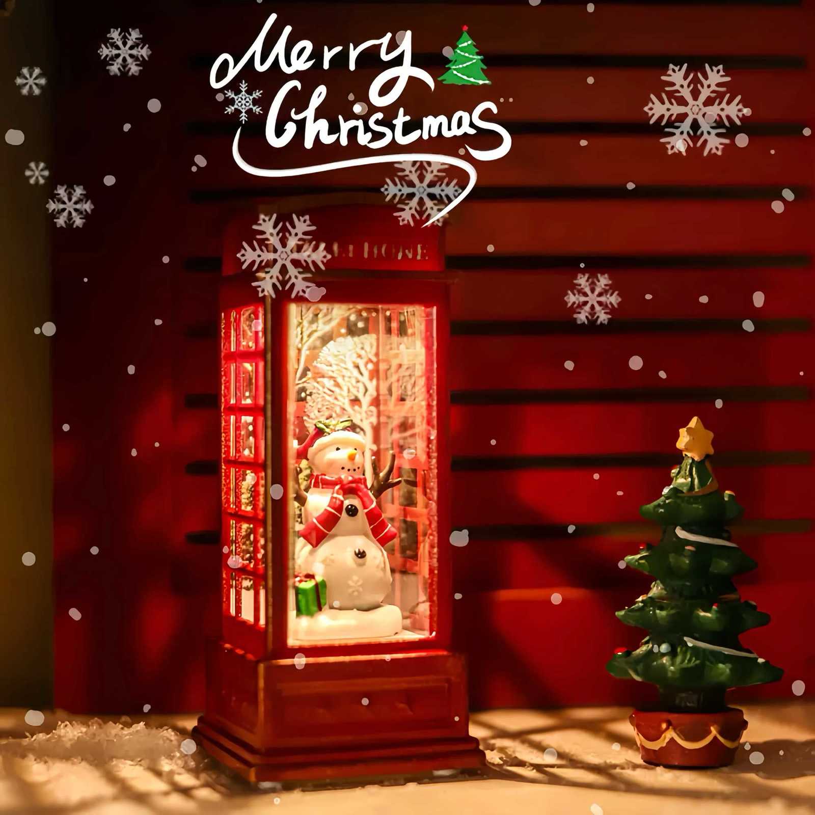 Christmas Phone Booth Decoration with Santa Claus Snowman Tree - Red Retro Telephone Booth Ornament With Light He Decorator H251129