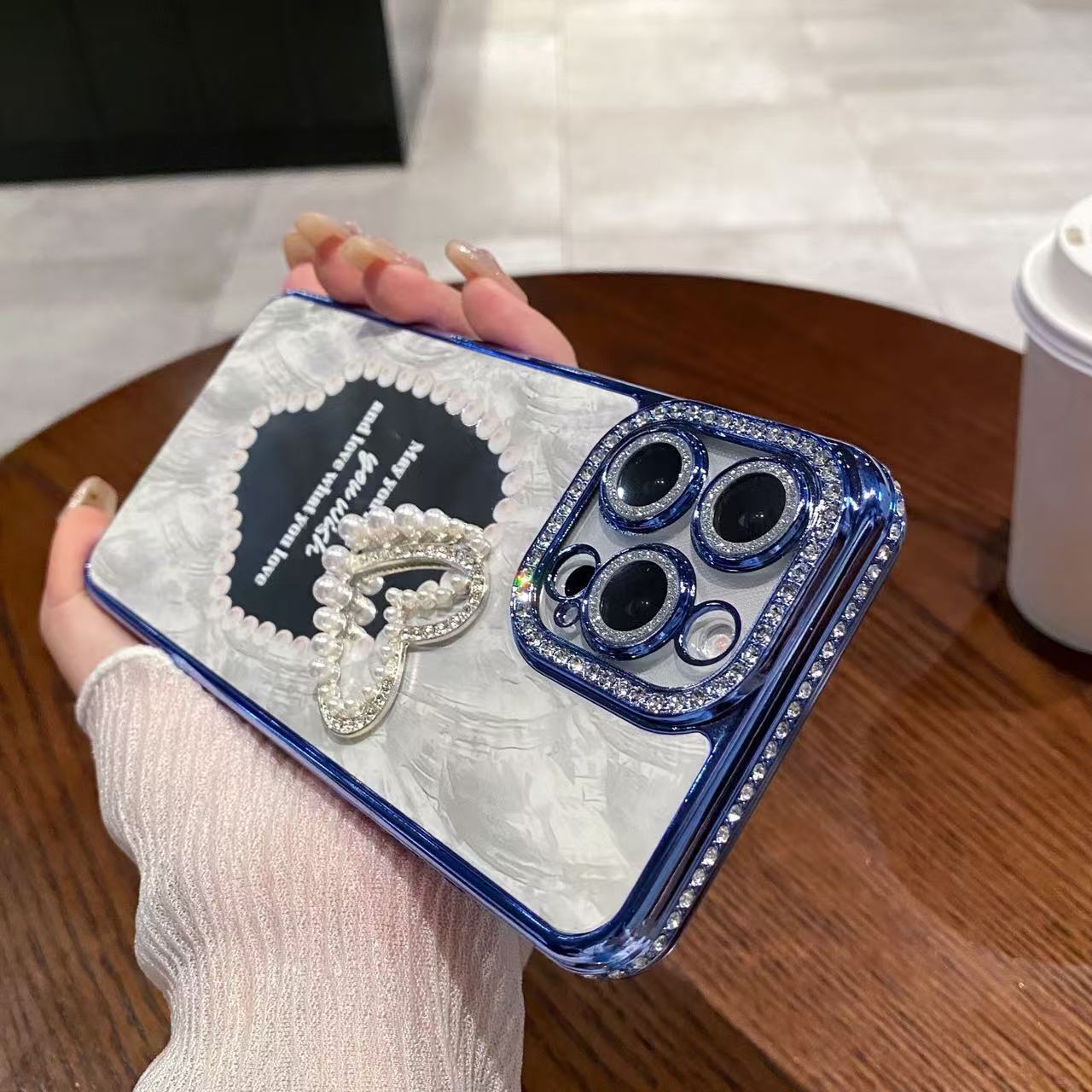 Mirror 3D Pearl Heart Phone Case iPhone 16/15 Pro Max Compatible with Apple 14 Pro Diamond Edge Electroplated Protective Case