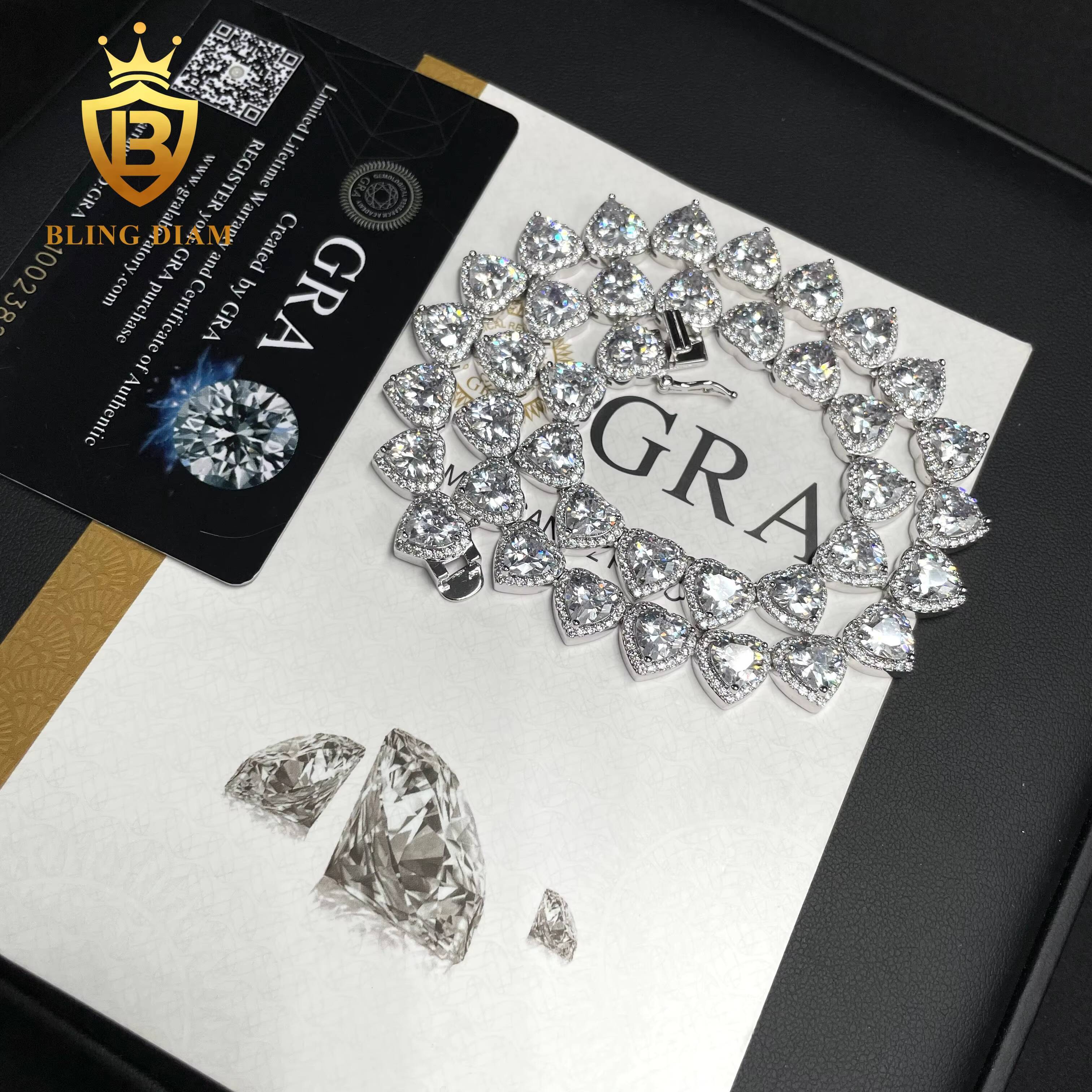 Fashion Jewelry Hip Hop Rapeer Heart Design Chain 10mm Iced Out Diamond Clustered Heart Cut Tennis Chain Necklace