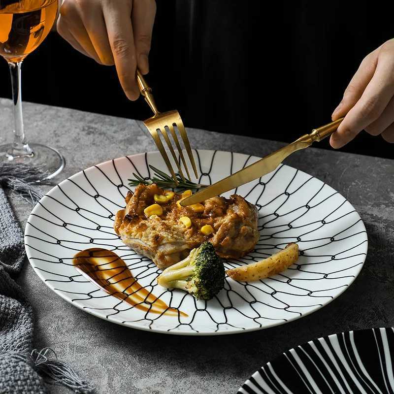 Luxury Geetric Design Gold Plating Meal Plate Porcelain Kitchen Dinner Plates Ceramics Food Tray Salad Dish 6/8/10 Inch 1Pcs Y251129