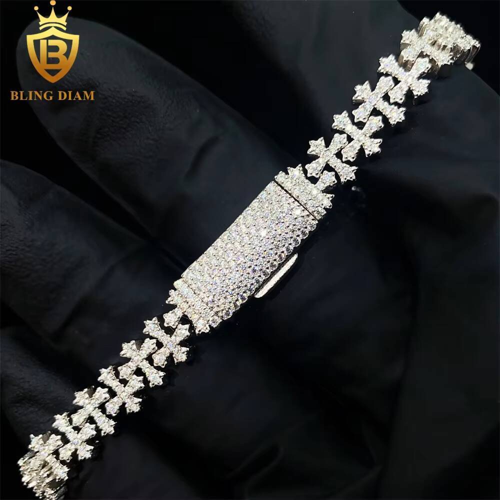 85mm Hip Hop Cuban Link Chains 925 Sterling Silver VVS Moissanite Iced Out Diamond Cross Bracelet Necklace