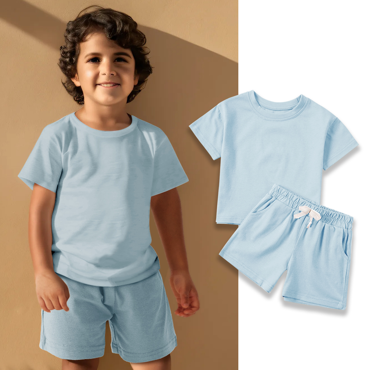 Luxury children's outfit set for summer boys and girls, high-quality sportswear set, solid color short sleeved cotton T-shirt two-piece set, 80cm
