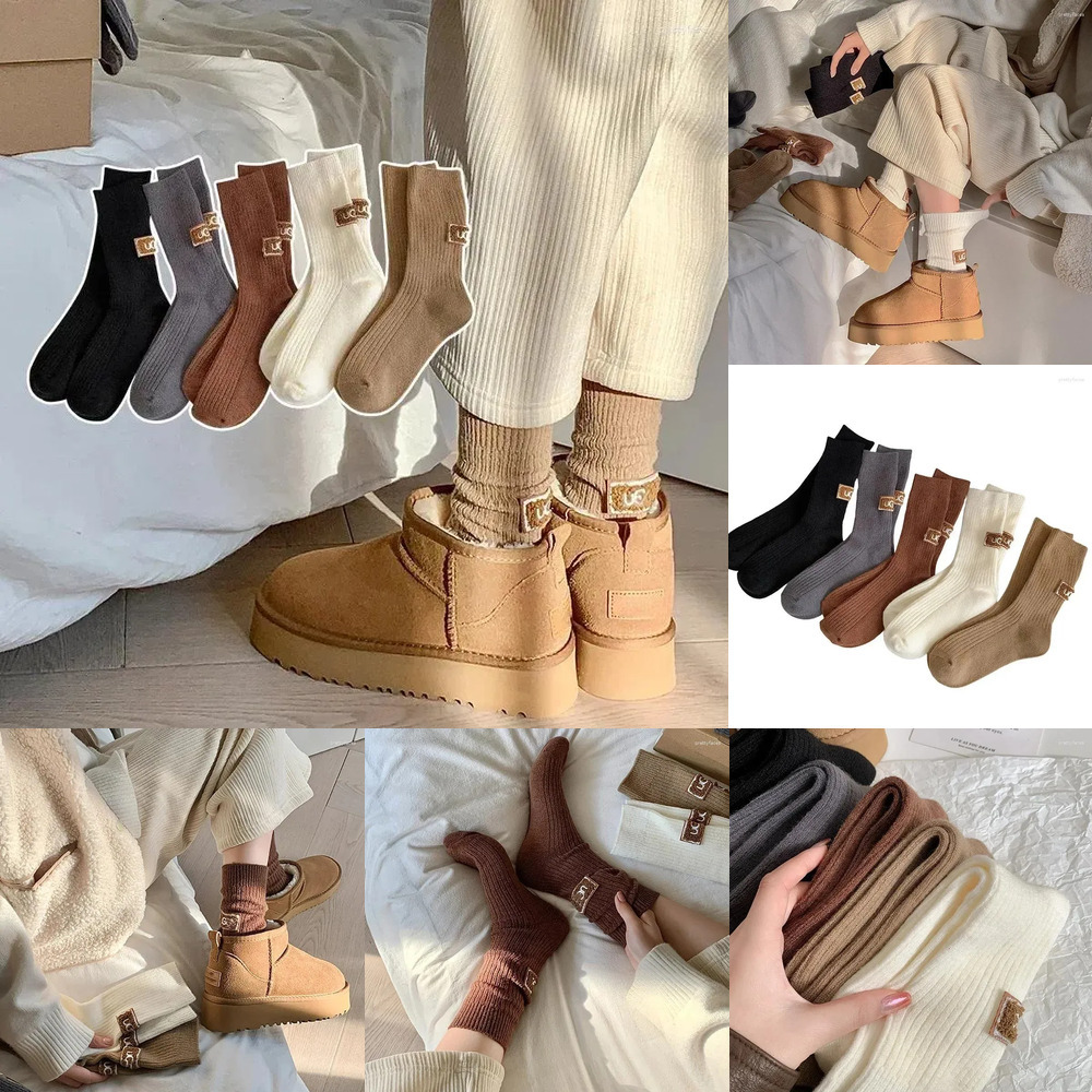 Women Socks 3 Pairs Winter Women's Wool Cashmere Solid Warm Thickened Pile Embroidered Logo Mid-Calf Casual Snow Boot Sock