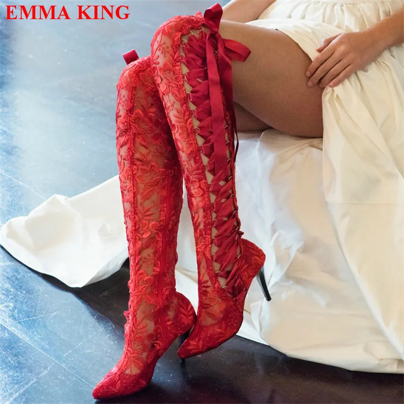 Fashion Black Lace Over The Knee Boots Lace Up Gothic Thigh High Boots High Heels Long Bridal Boots Pointed White Wedding Boots 250428