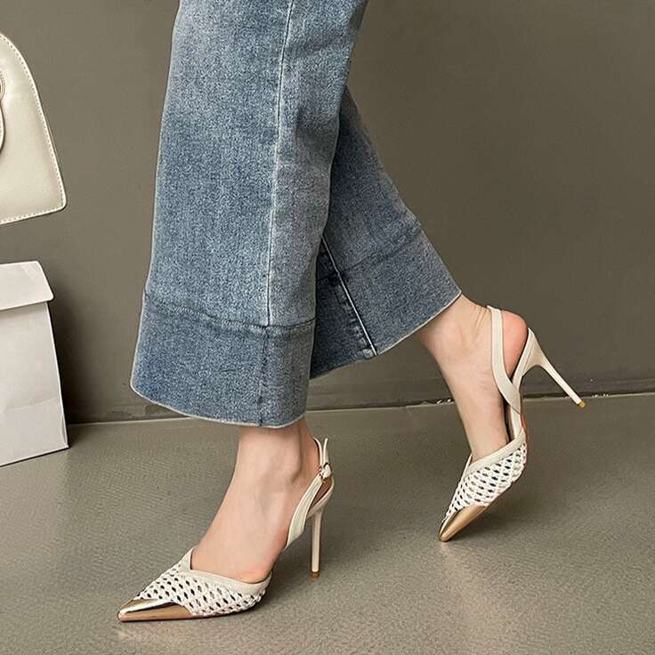 Fashion Hollow Woven Designer Shoe Heel Sandals for Women Pointed Toe One-Strap sling back Heels