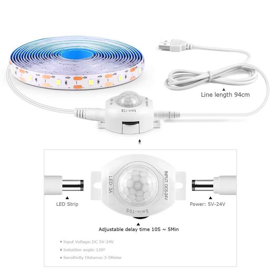 5V USB Powered LED Strip Light With PIR Motion Sensor Delay Time Adjustable Auto ON/OFF For Cabinet Bedside Closet Night Lightin M251129