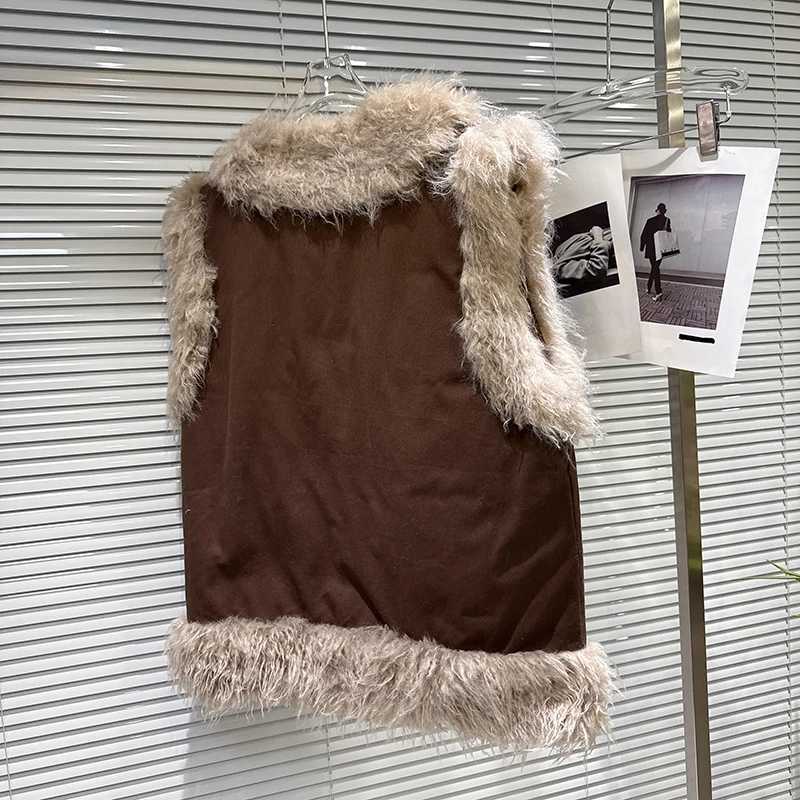 Autumn Winter Retro Fuzz Splicing V Neck Down Vest Female Warm Pocket Waistcoats Women White Duck Down Sleeveless Cardigan VestsT251129