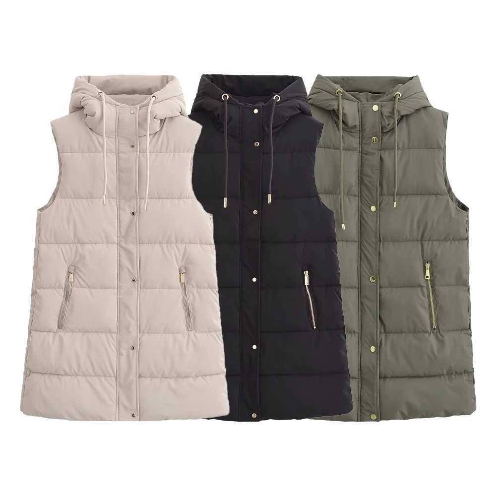 Autumn new womens fashionable versatile commuting temperament zipper decoration hooded cotton jacket vest jacketT251129