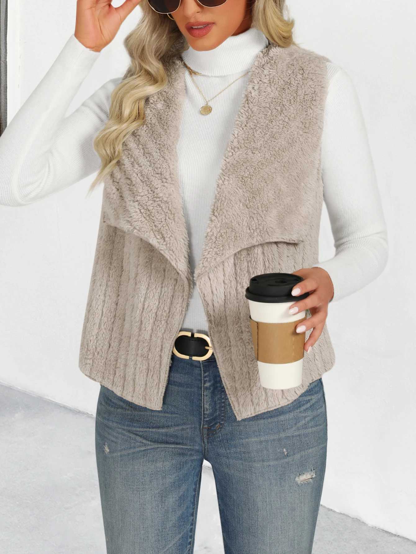 Womens autumn and winter fashion open-collar waterfall collar vest coatT251129