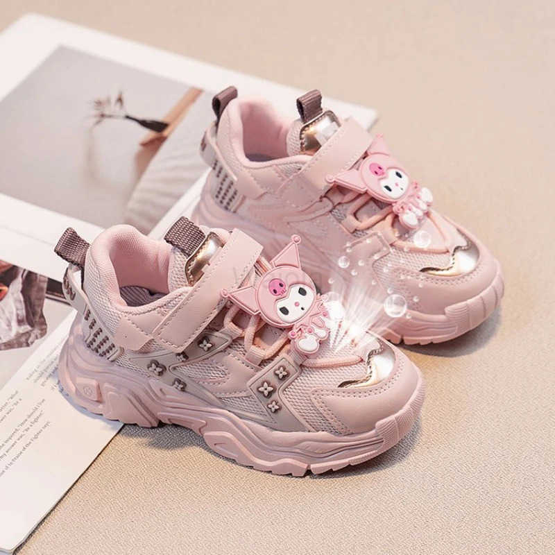 Sanrio KidsCasual Shoes Sneakers Cartoon Kuromi PU Leather Spring Shoes For Girls Anti-slip Velcro Pink Pruple Shoes Size 26-37 H251129