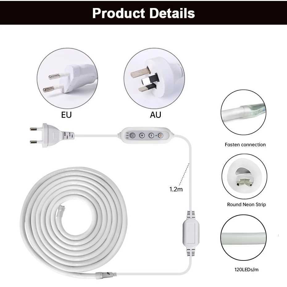 120leds/m LED Neon Strip 220V 1m-25m Flexible Tape 360 Degree Round Light Waterproof Strip with EU AU Timing Dimming Switch Plug M251129