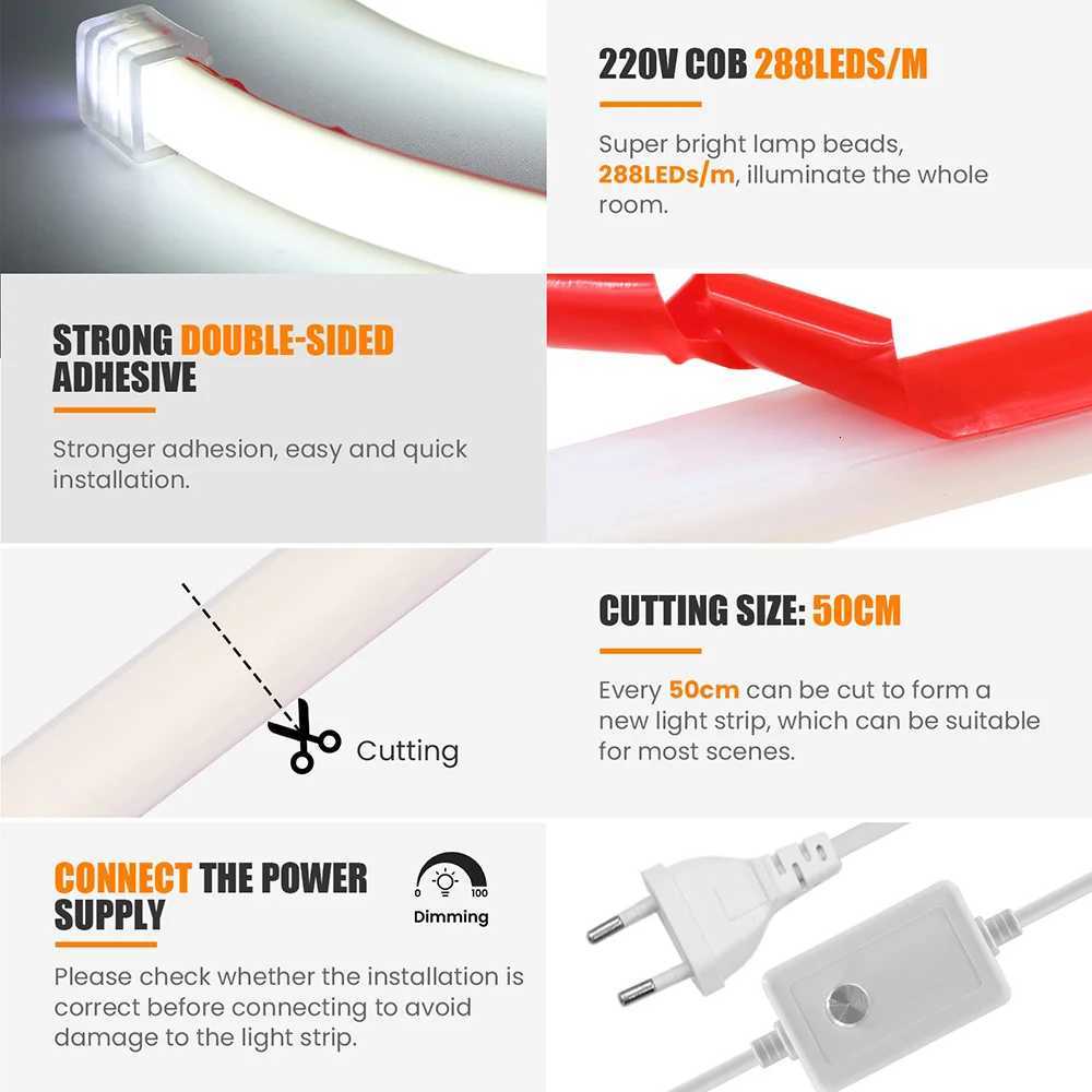 COB LED Strip Light 220V Adhesive Tape with Dimmer Switch EU Power Kit Waterproof 288LED Linear lighting Flex Silicone Tube Lamp M251129