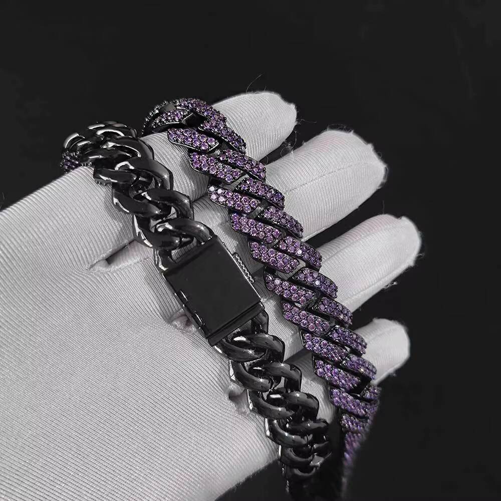 Hip Hop Jewelry 15mm Purple Diamond Cuban Link Chain Setting AAA Cubic Zirconia Prong Cuban Chain Bracelet