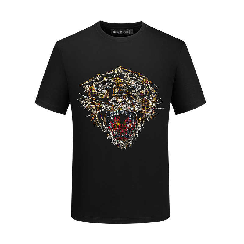 T-shirt men's short-sleeved trendy heat-pressed crystal summer casual large-sized clothes energetic young man popular online style T-shirt cotton-satin fabric J251129