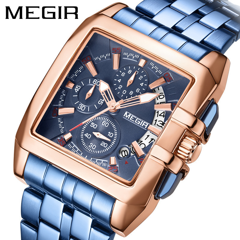 MEGIR Designer Business Men's Wristwatch Fashionable Multi-functional Chronograph Steel Band Quartz Men's Wristwatch Men's Luxury Watch