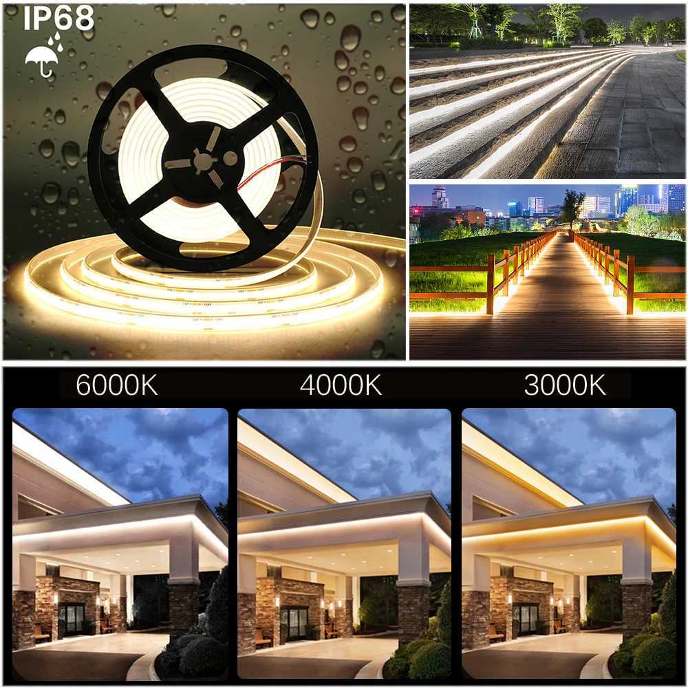 IP68 Waterproof COB Strip 12V 24V 320Leds/M RA90 3000K 4000K 6000K Home Garden Decor Flexible Ribbon Rope LED Light 1M 10M 20M M251129