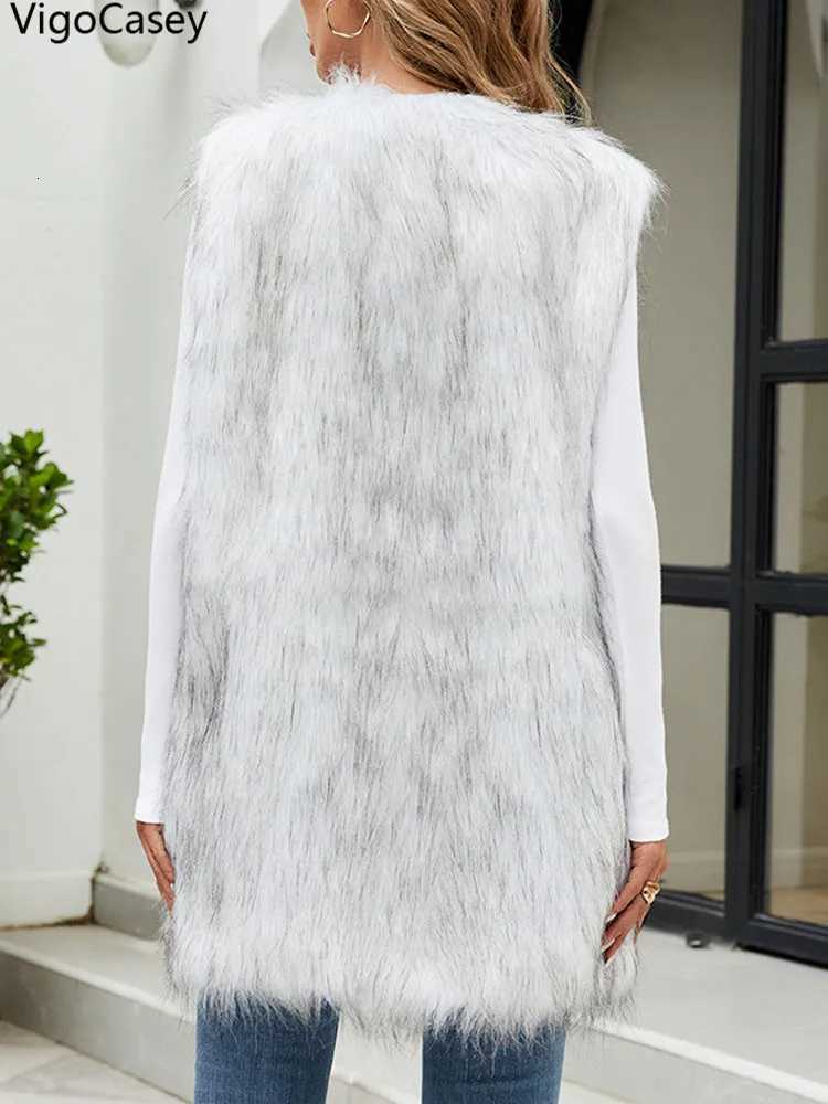 VigoCasey 2025 White Sleeveless Thick Faux Fur Vest Coat Woman V Neck Plush Warm Waistcoat Lady Autumn Winter Fluffy Vest JacketT251129