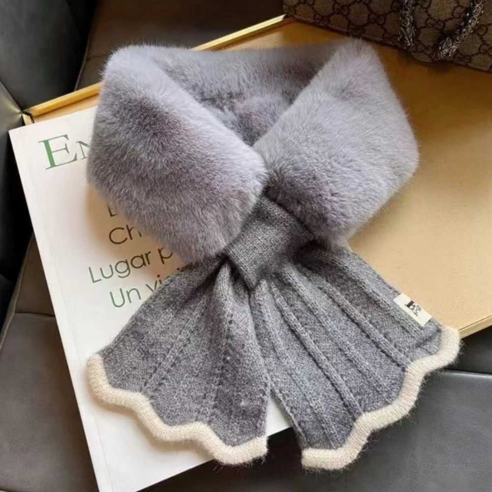 Winter Plush Scarf Woman Thick Fish Tail Wool Knit Cross Fur Collar Outdoor Cycling Neck Protect Cervical Spine Warm ScarveJ251129