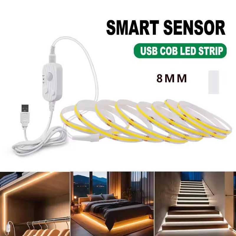 8MM Dimmable Flexible COB LED Strip Light Motion Sensor LED Ribbon USB Powered for Under Cabinet Kitchen Stairs Nightlights M251129