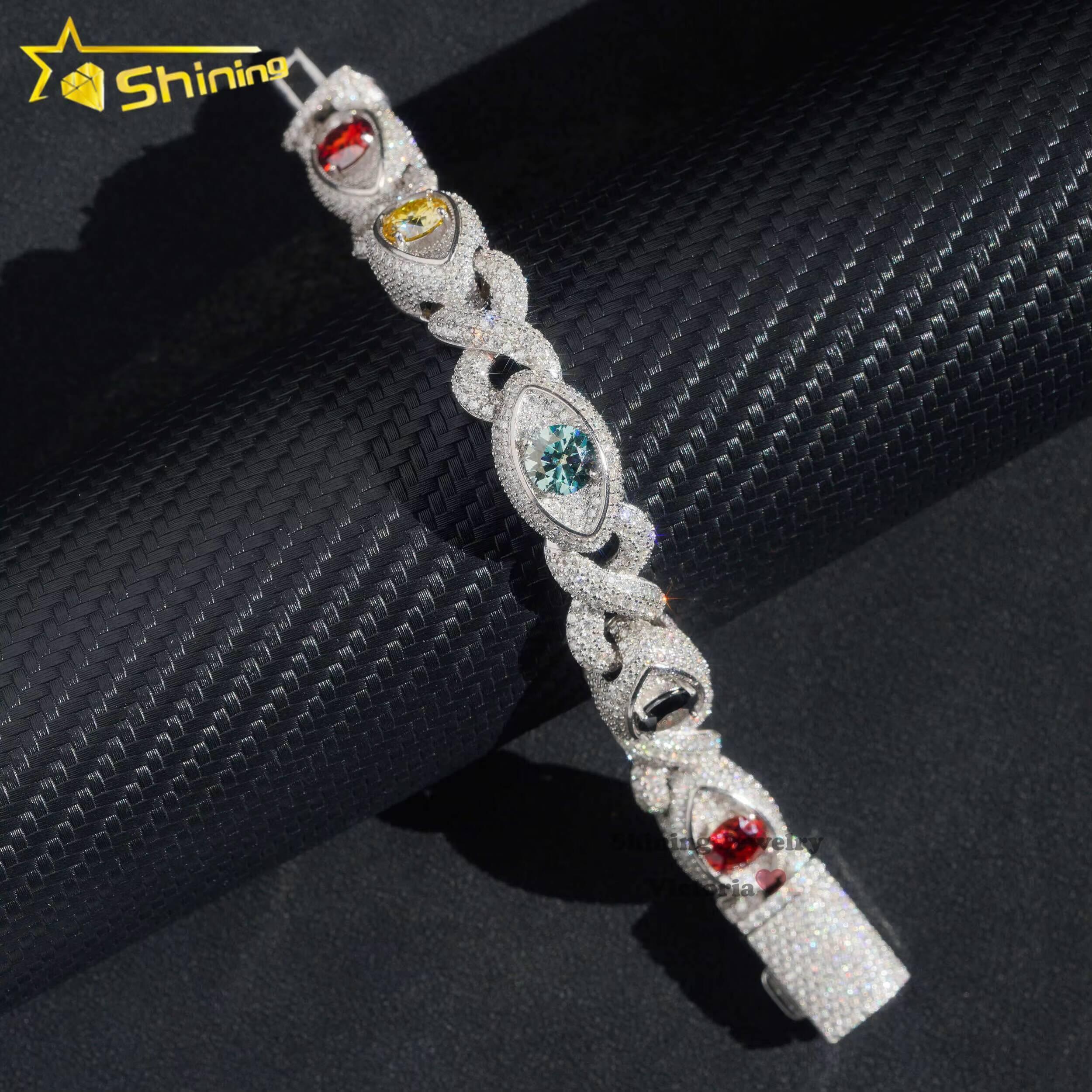 Fine Jewelry Iced Out 925 Sterling Silver 15mm Width Evil Eyes Cuban Link Moissanite Bracelet with Color Moissanite