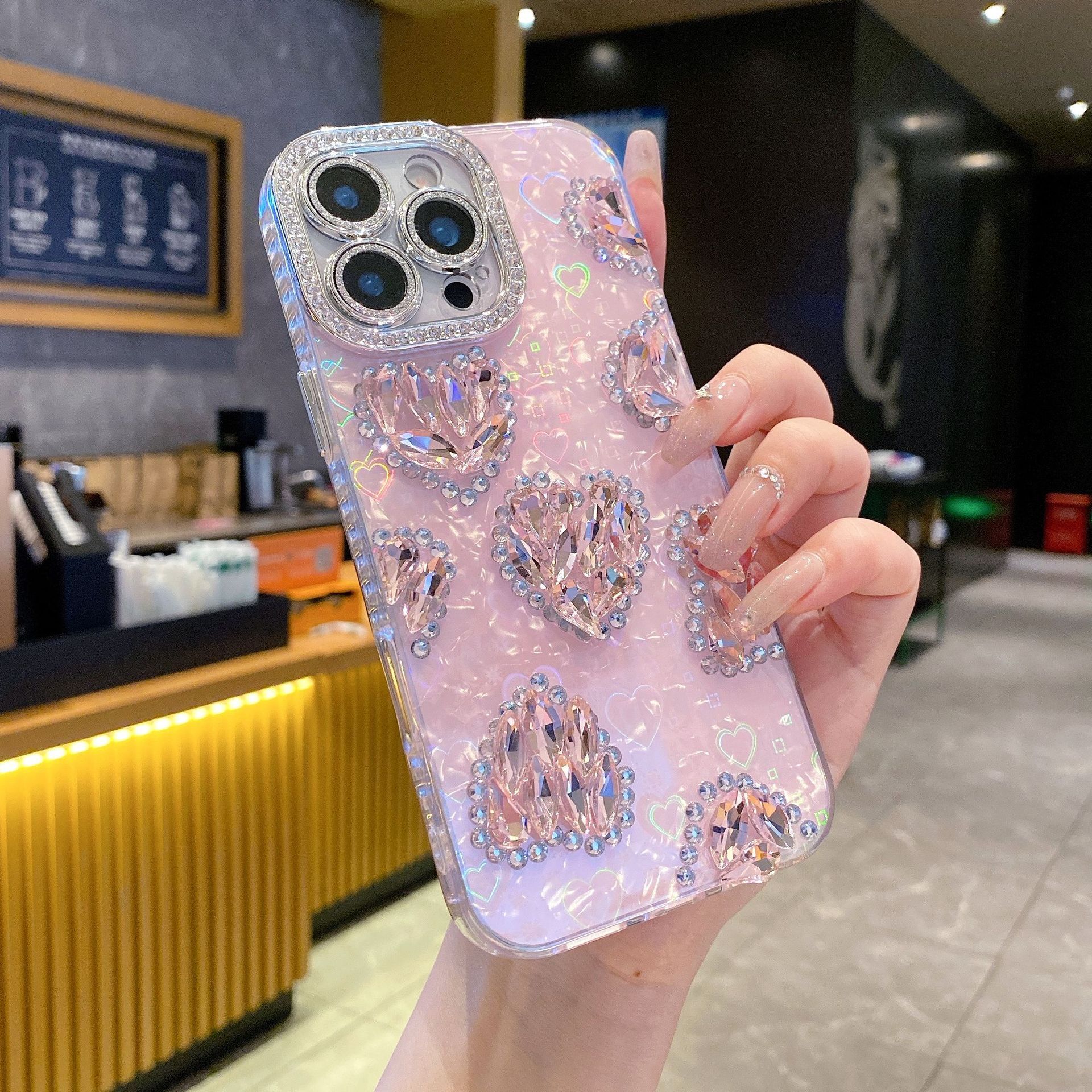 Pink Heart Diamond Phone Case iPhone 17 Pro Max Compatible with Apple 16/15 Plus Protective Case