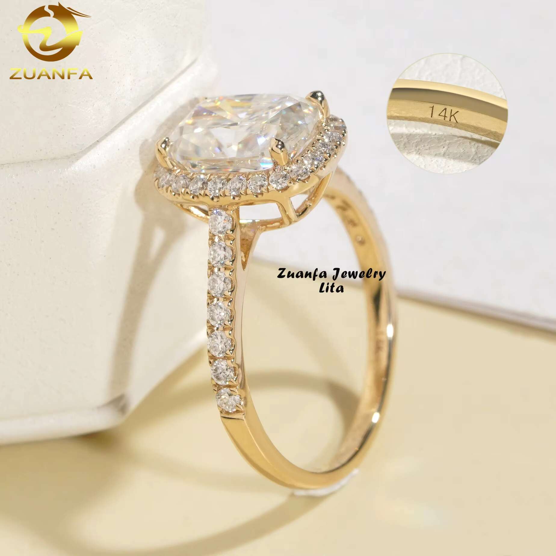 Classic Halo Design 14k Yellow Gold Long Cushion Cut 3ct VVS Moissanite Ladies Engagement Ring