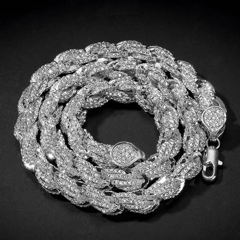 Rope Link Chain Mens 9mm Zinc Alloy Rhinestone Rope Chain Twisted Icd Out Full Diamond Rope Chain Necklace
