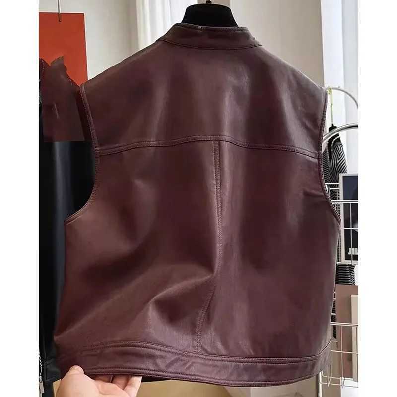 Spring Autumn Feminine Leather Waistcoat Jacket Women PU Leather Sleeveless Coat 2025 Ladies Stand Collar Faux Leather Vest TopsT251129