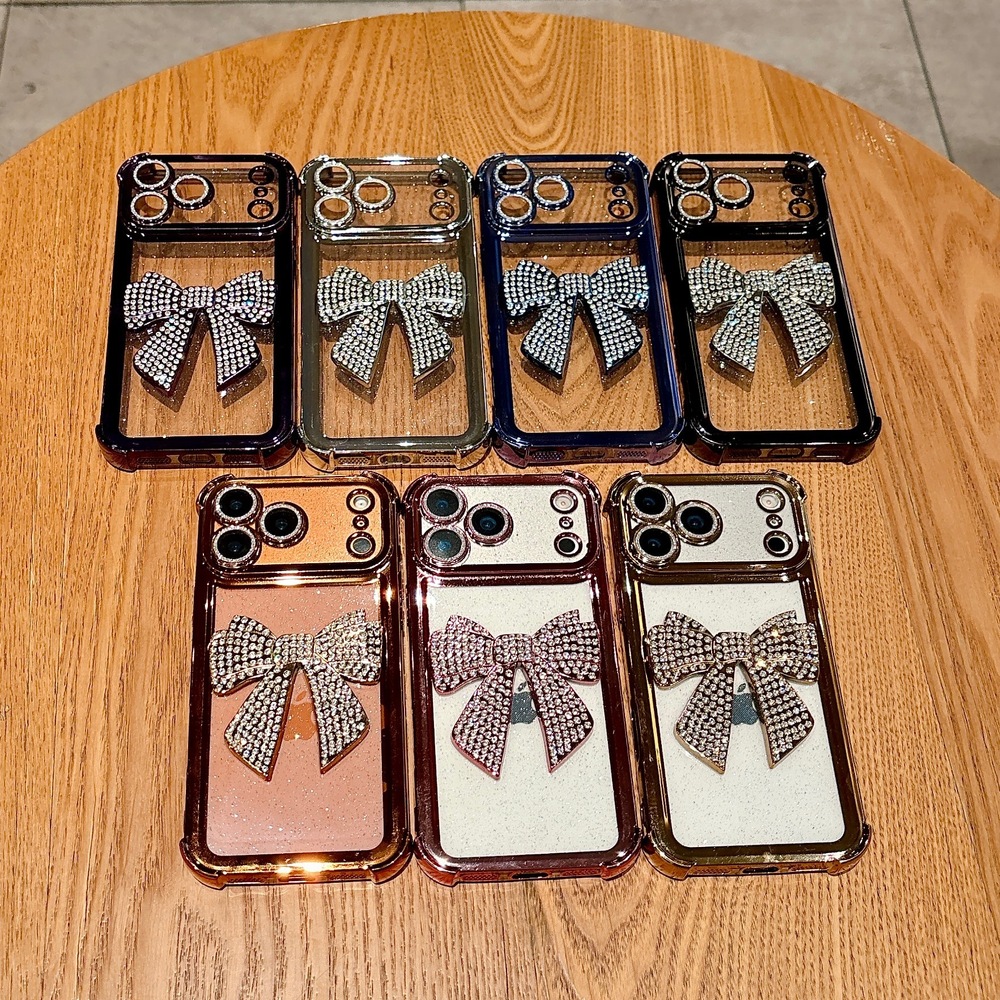 Rhinestone Bowknot Phone Case Compatible iPhone 17 Pro Max Electroplated Glitter Four-Corner Apple 16/15