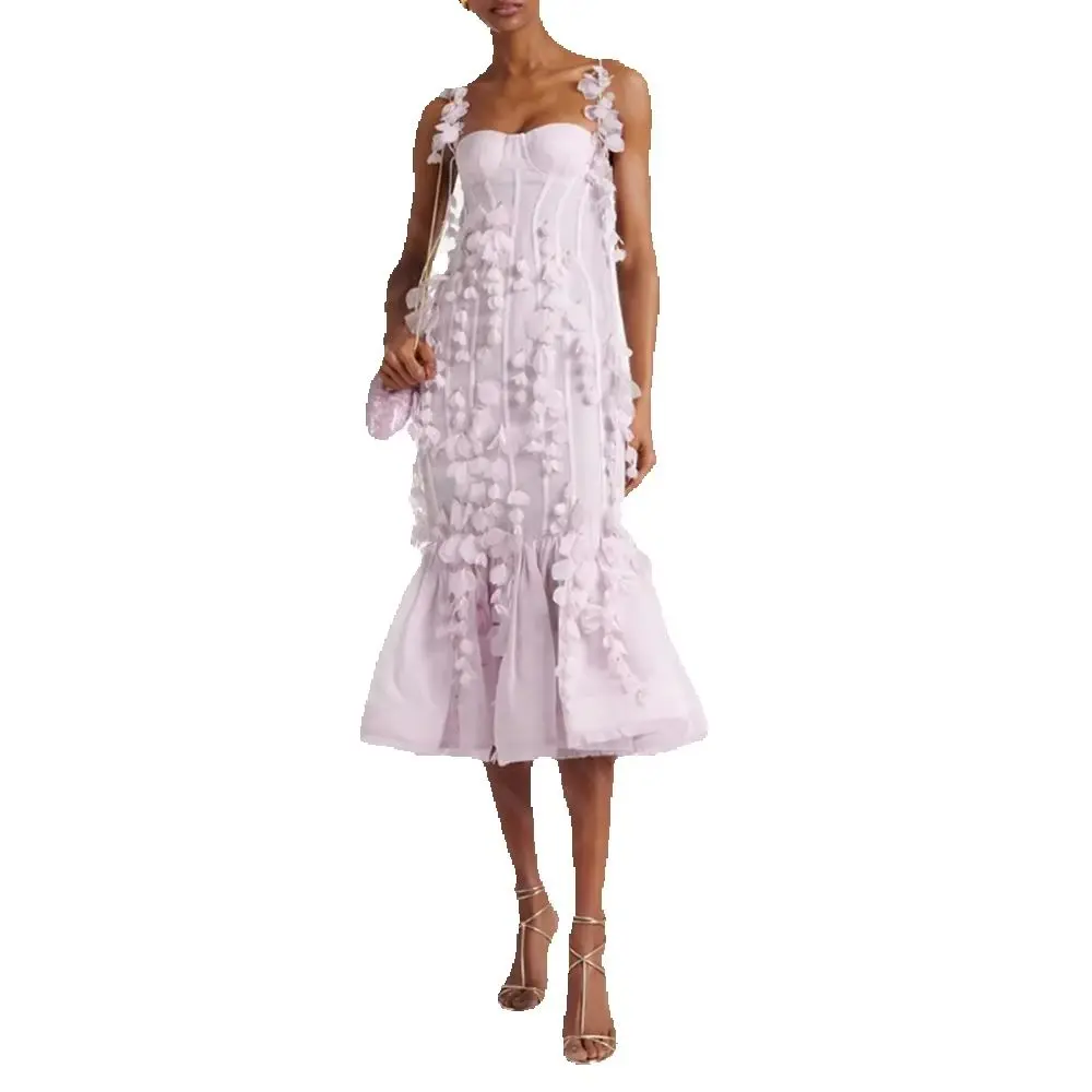 Smart Elegant Pink Women Prom Dresses Sweet Spaghetti Strap Sweetheart Tea Length Classy Flowers Female Party Gowns