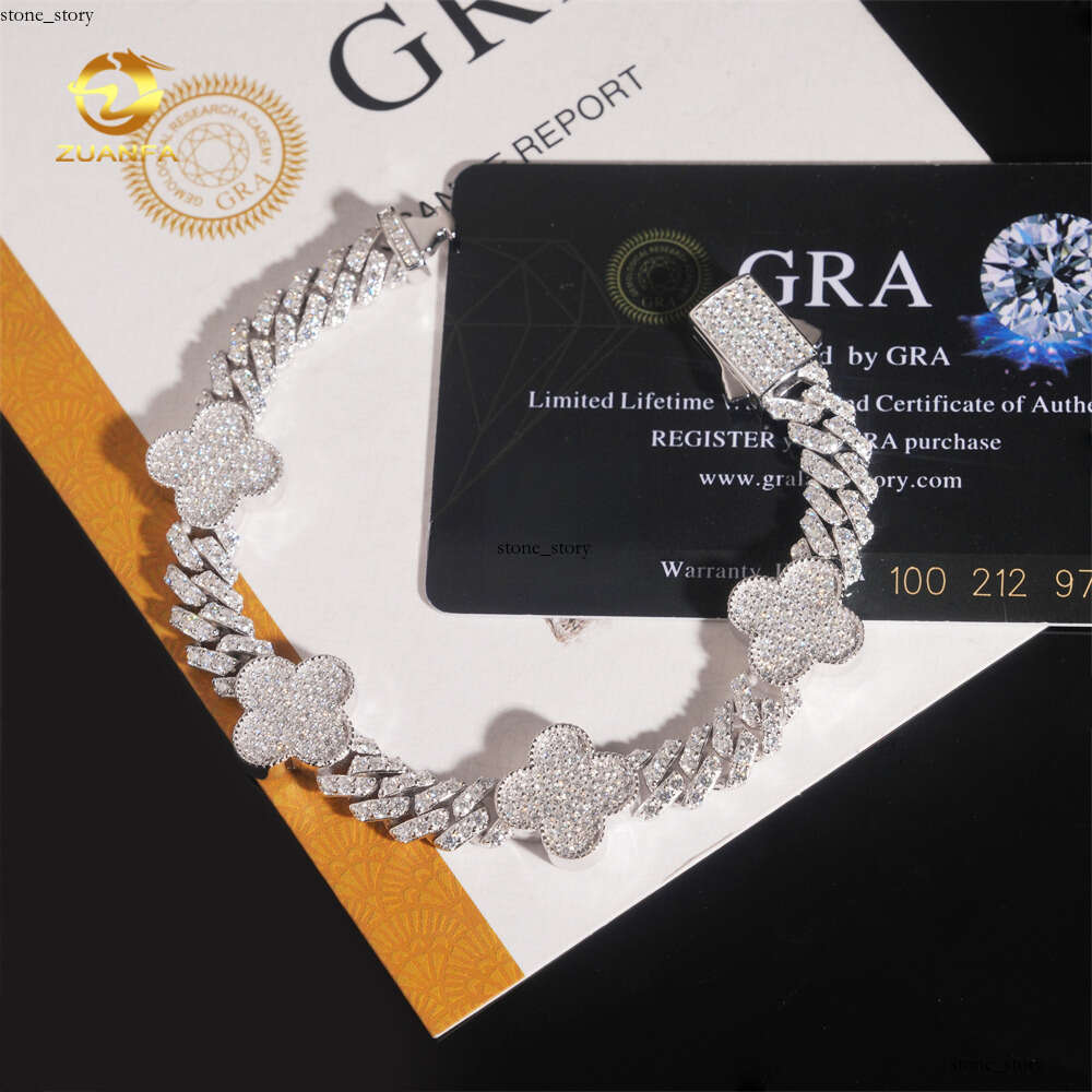 Bulk Stock Hot Sale Rapper Fashion Luxury Jewelry S925 Silver Iced Hip Hop VVS Moissanite Clover Flower Cuban Bracelet