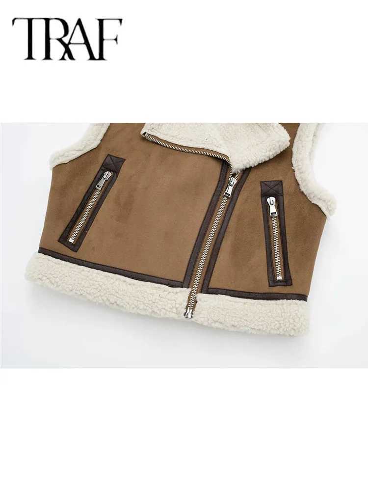 2025 Autumn Female Fashion Faux Leather Lambswool Patchwork Sleeveless Vest Jacket Thickening Warm Zip Waistcoats CoatT251129