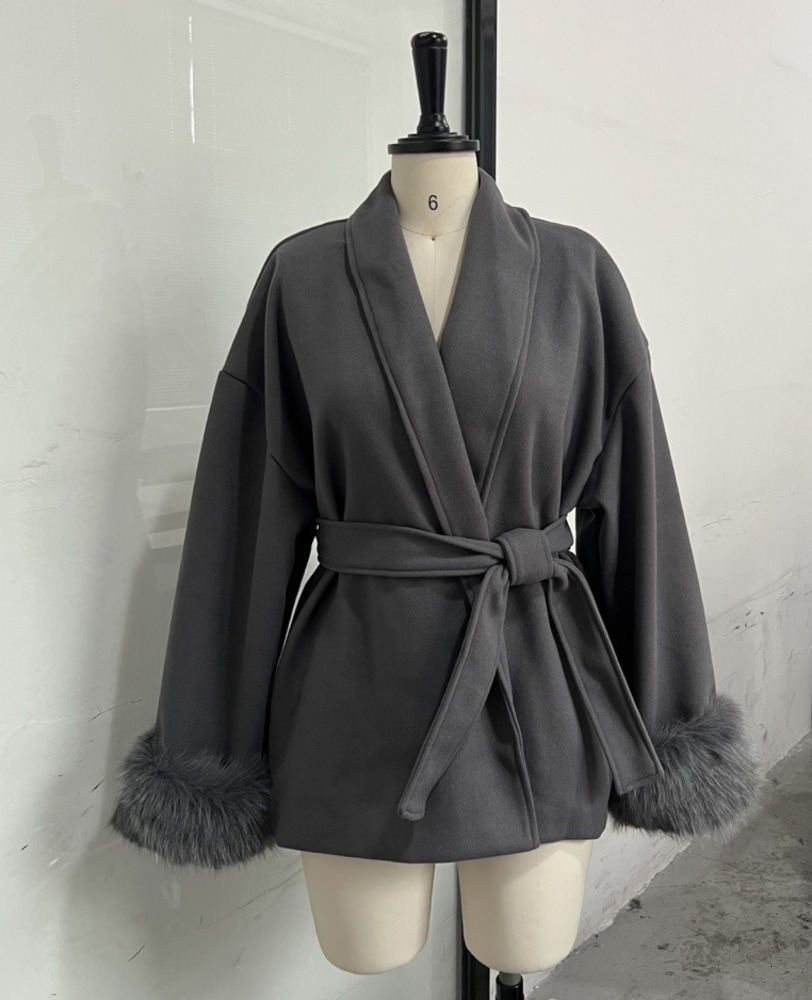 Elegant Lace Up Woolen Short Coat Solid Loose Lapel Furry Belt Long Sleeve Female Jacket 2025 Autumn Winter Lady Chic Cardigan 250903